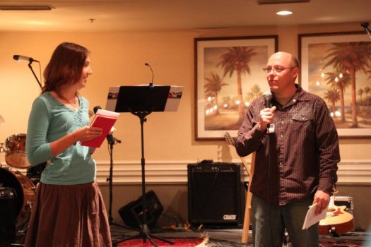 Jen and Dave as Emcees for CCC's regional staff retreat
